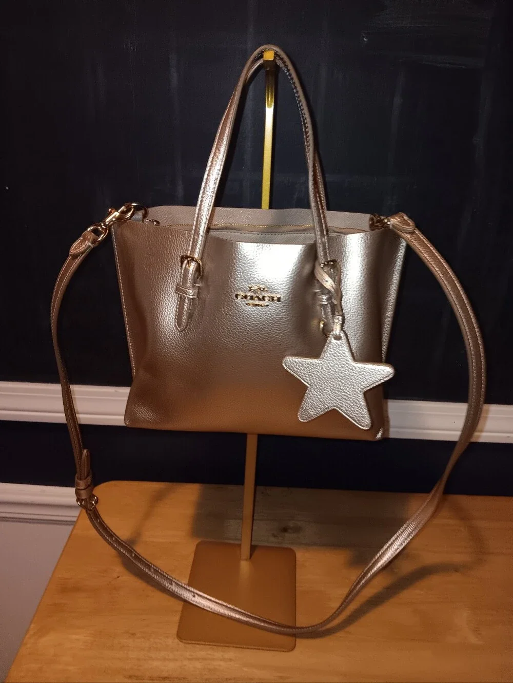 Coach Metallic Small Leather Tote Bag With Star Charm And Long Strap